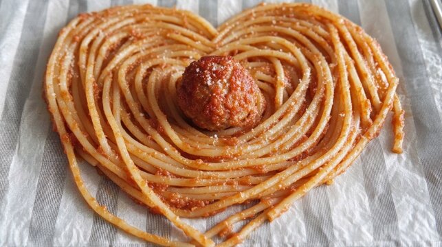 Twisted spaghetti noodles arranged in a heart shape topped with a single meatball on a checkerboard tablecloth