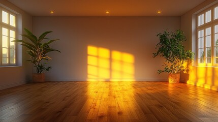 Sunset through windows illuminates empty room with plants.
