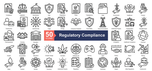 Regulatory Compliance Icon Collection Set.Containing compliance, legislation, governance, risk, policy icon. Simple line style Vector Illustration.