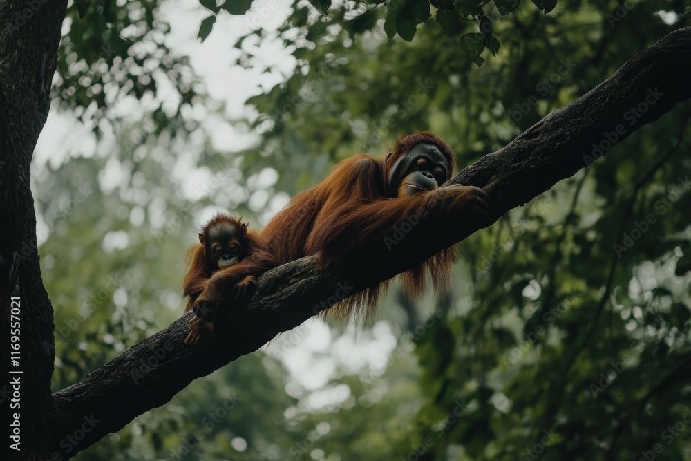 Poster orangutan mother and baby resting on a tree branch in lush rainforest canopy.
