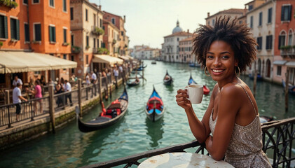 A black woman drinking coffee on a terrace of a cafe overlooking gondolas on a Venetian canal.