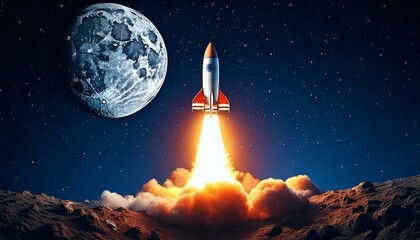 Fototapeta premium rocket ship shooting through space with earth moon planet in background to the moon theme concept