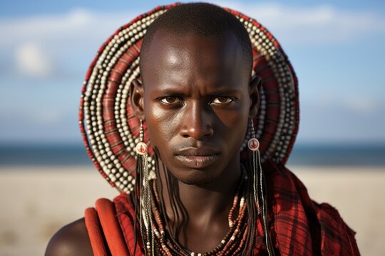 Masai Warrior: A Mid-Adult African Man Embracing Culture and Tradition with Shield and Spear at Diani Beach, Ukunda, Kenya