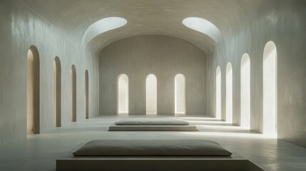 Fototapeta premium Minimalist room; arched windows, light floor, cushions.