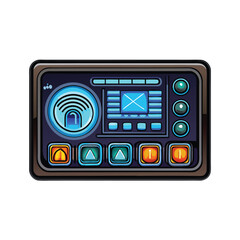 A hyperrealistic smart home control panel with a blue and black design, featuring various buttons and a screen.