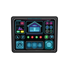 A hyper realistic smart home control panel with a futuristic design and glowing buttons.