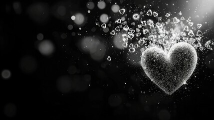 Obraz premium Black and white photo of a heart-shaped object with floating bubbles on a black background