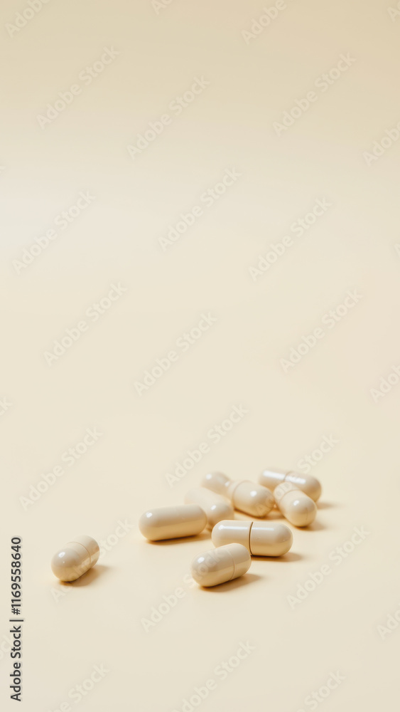 Poster magnesium glycinate capsules on a surface with a gradient background from warm to cool tones.