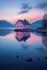 Fototapeta premium Reflections of a pastel pink house by a tranquil lake with mountains in the background at sunset