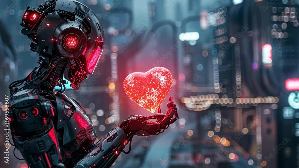 Poster a sleek robot with glowing elements gently cradles a shimmering heart in a vibrant city filled with 