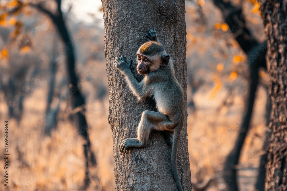 Poster a small monkey climbs a tree trunk in a natural habitat.