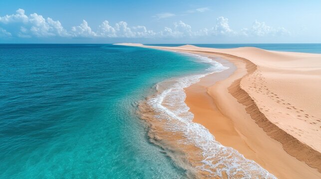 Tropical sandbar splitting turquoise ocean, footprints in sand, sunny sky