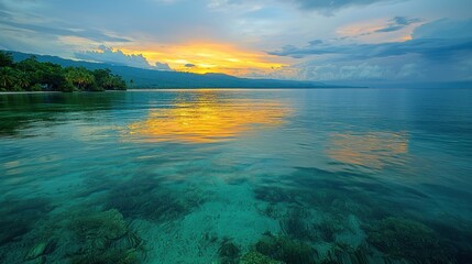 Tropical sunset over calm ocean with coral reef and distant shore.