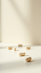 Magnesium Glycinate dietary supplement capsules scattered on surface with blurred background.