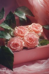 Four pink roses arranged delicately in a light pink box surrounded by soft fabrics