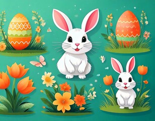 Wielkanocna ilustracja z zajączkami, pisankami i kwiatami