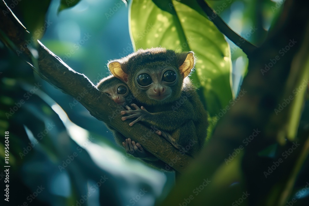 Poster two adorable tarsier primates clinging to a tree branch in lush foliage.