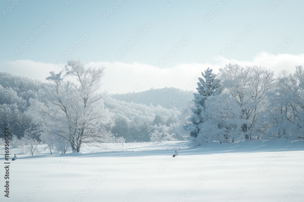 Poster snowy landscape with frost-covered trees and distant mountains under a clear sky.
