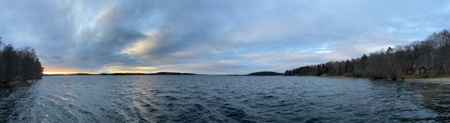 Panorama view photo. Seascape at the Swedish lake Mälaren in November. Stockholm, Sweden.