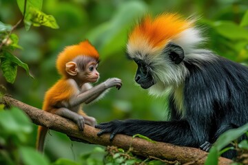 Red-crowned mangabey monkey mother and baby interact on a tree branch in lush green forest.