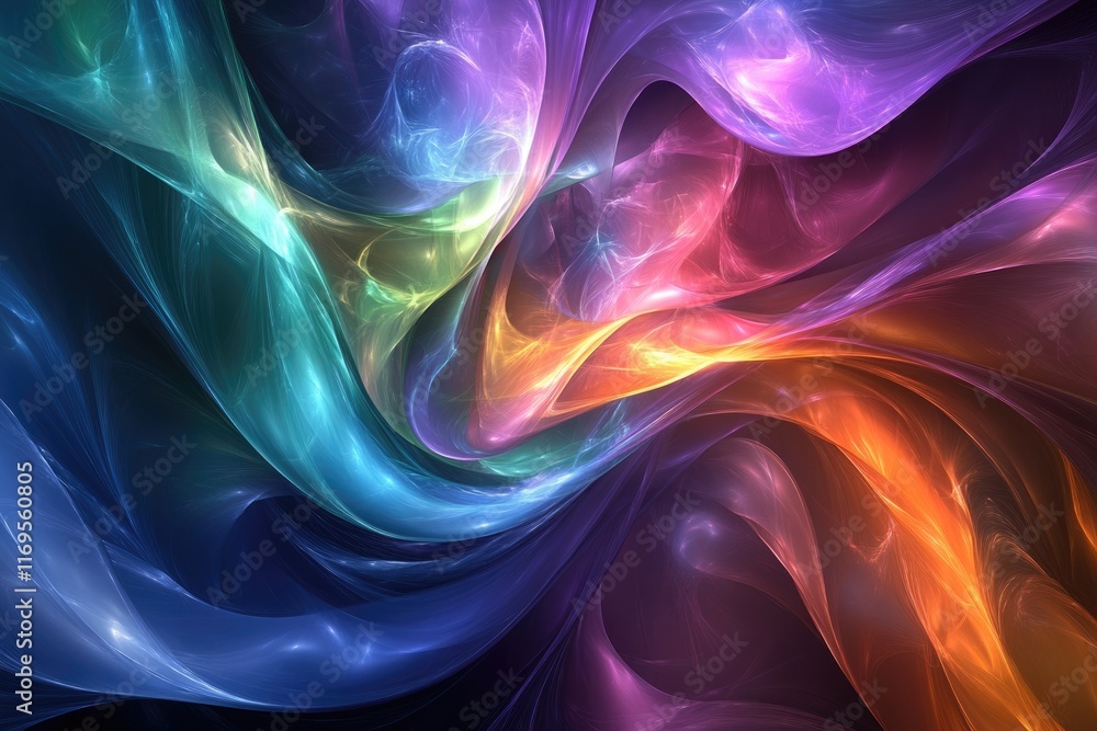 Poster abstract fractal art showcasing vibrant, swirling colors and luminous textures, creating a mesmerizi