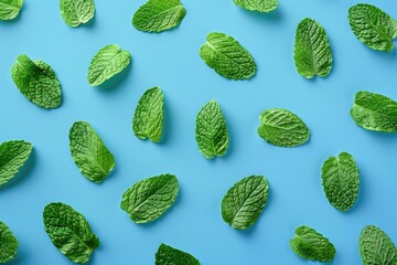 Green mint leaves on blue background. Minimal trendy summer pattern.