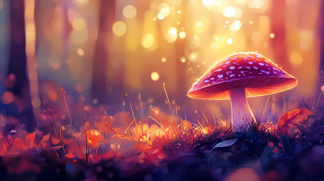 Cogumelo crescendo na floresta de outono com folhas coloridas e luzes suaves de bokeh. Crescendo. Illustration