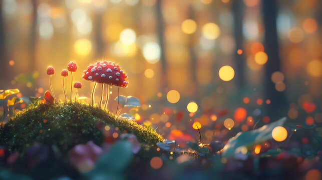 Cogumelo crescendo na floresta de outono com folhas coloridas e luzes suaves de bokeh. Crescendo. Illustration