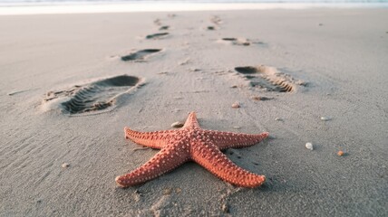 Close-up of red starfish lying on sandy beach with human footprints leading into the ocean during low tide