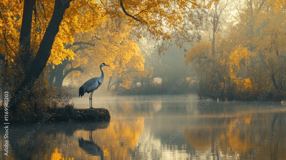 Poster a serene autumn scene featuring a crane standing on a small island in a misty lake, surrounded by go
