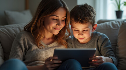 Fototapeta premium Mother and son using tablet sitting in a cozy home. Technology at home concept