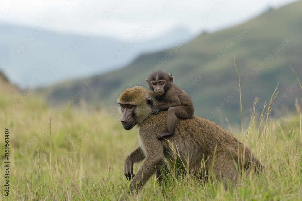 Poster a baboon carrying its baby on its back in a grassy field with mountains in the background.
