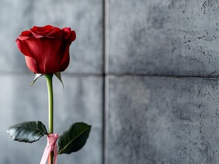 Fototapeta premium A single red rose with a pink ribbon tied around it
