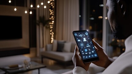 Man engages with smart home features through his phone, showcasing a connected modern living space filled with tech devices