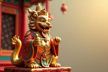 Golden CNY God of Wealth statue, ornate banner , symbol, year, rich