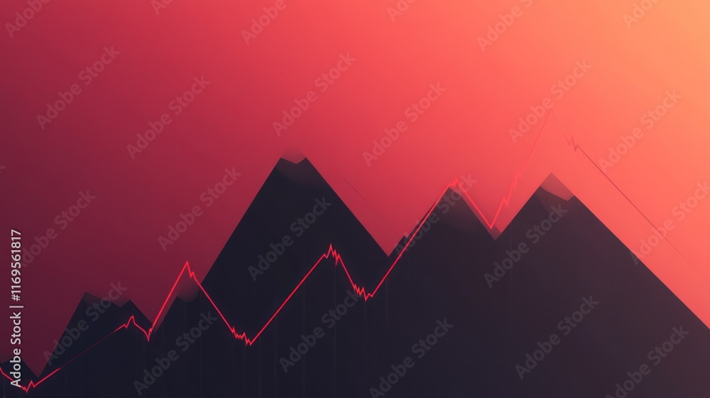Poster abstract mountain range with red line graph overlay, depicting growth or progress against a warm sun