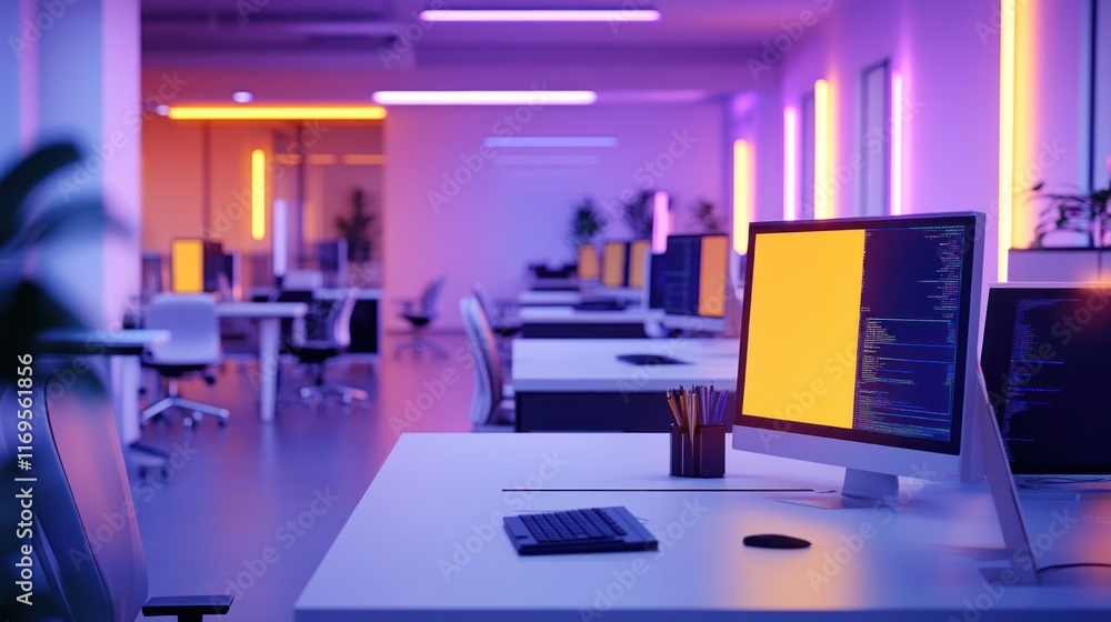Poster Empty modern office at night, illuminated with colorful neon lights, showcasing multiple computers and desks.