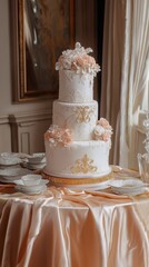 Rococo Wedding Cake with Gold Details and Roses  .