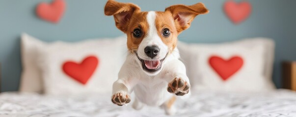 Valentine dog and pet with joy idea. Playful dog jumping on a bed with heart decorations.