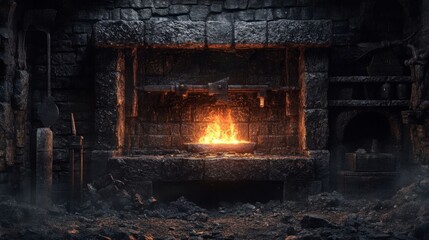 A rustic blacksmith's forge with fire.