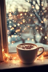 Cozy winter afternoon with hot beverage by the window overlooking snowy landscape