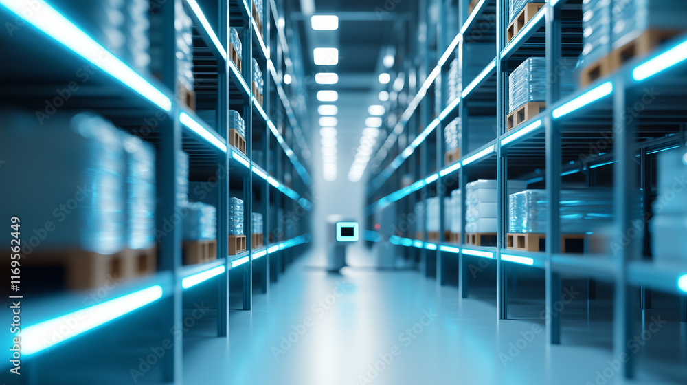 Poster high tech warehouse with automated robots and tablet equipped workers