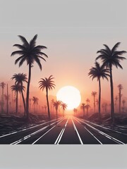 Breathtaking sunset along palm-lined boulevard, colors illuminating urban landscape, tranquil vibe inviting relaxation and adventure, ideal for travel, lifestyle, and exploration imagery.