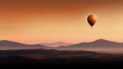 Fototapeta premium A hot air balloon flies in the sky, casting long shadows over a mountain range during sunset as the sun rises over the distant mountains