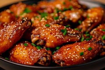 Deliciously glazed chicken wings garnished with sesame and chives at a cozy gathering