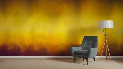 Modern armchair and white floor lamp against vibrant yellow and deep purple abstract wall in minimalistic interior space