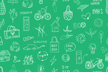 Seamless pattern of ecology icons. Sustainability, recycle, save the planet, eco bag, organic, no plastic, go green, zero waste, reduce, ecological lifestyle, nature conservation. Hand drawn