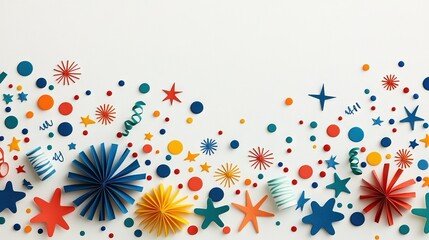 Fototapeta premium A collection of paper stars and confetti on a white backdrop with a dusting of confetti