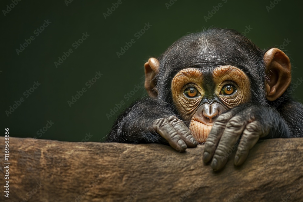 Poster close-up portrait of a young chimpanzee resting its hands on a log, looking directly at the camera w