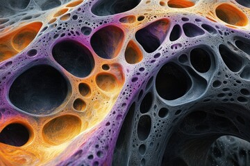 Abstract 3D render of a porous, cavernous structure with orange and purple hues.